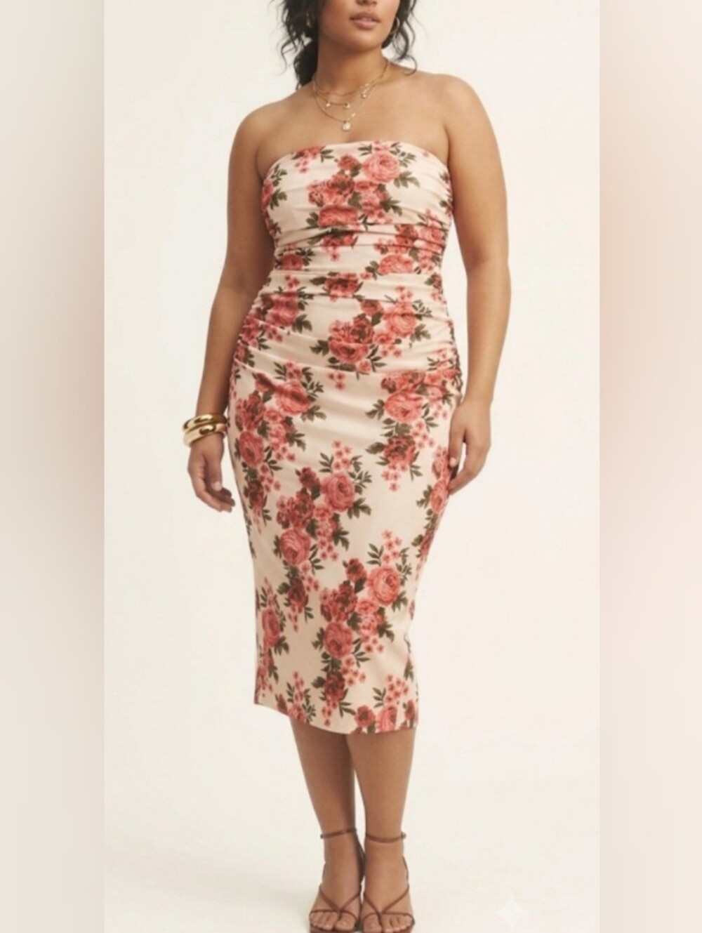 Anthropologie Soleil Floral Strapless Ruched Midi Dress Size M